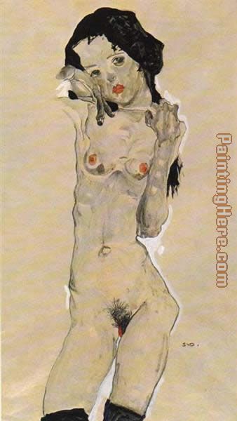 Standing nude young girl painting - Egon Schiele Standing nude young girl art painting